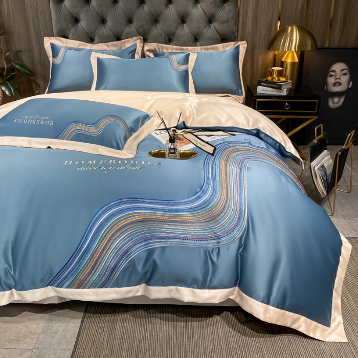 91家纺网 家纺一手货源 找家纺 宅家居 2024新款臻品真丝B版纯棉米莱四件套 米莱-宾利蓝