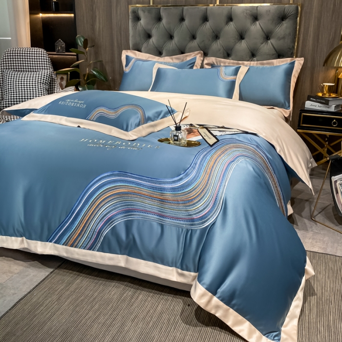 91家纺网 家纺一手货源 找家纺 宅家居 2024新款臻品真丝B版纯棉米莱四件套 米莱-宾利蓝