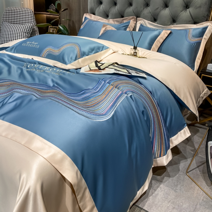 91家纺网 家纺一手货源 找家纺 宅家居 2024新款臻品真丝B版纯棉米莱四件套 米莱-宾利蓝