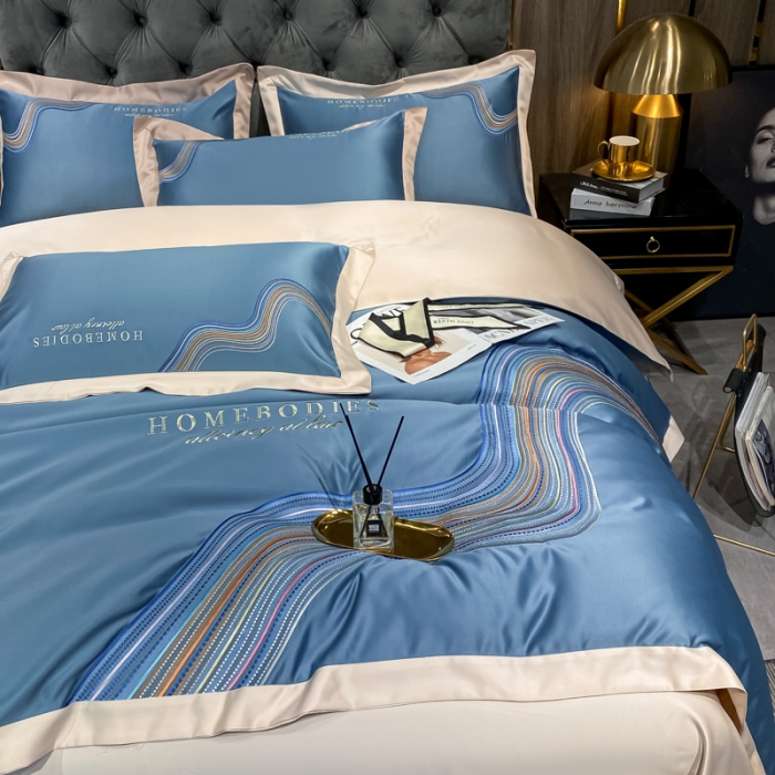 91家纺网 家纺一手货源 找家纺 宅家居 2024新款臻品真丝B版纯棉米莱四件套 米莱-宾利蓝