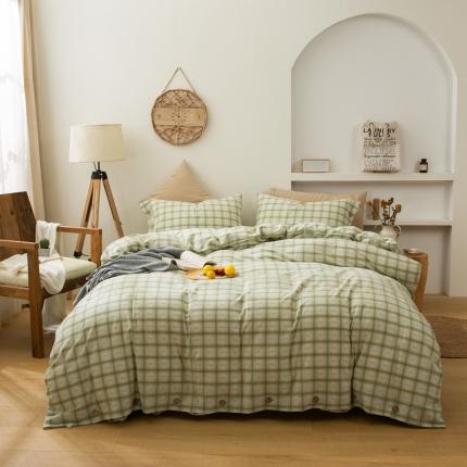 91家纺网 家纺一手货源 找家纺 尚品本色 2022新款全棉色织水洗棉提花纽扣款四件套纯棉 梦幻格-绿