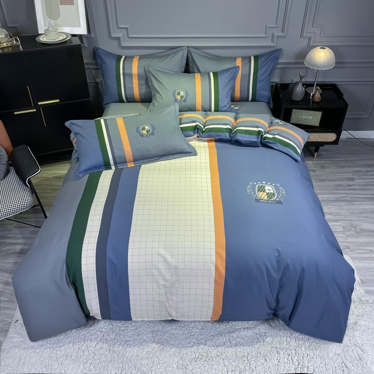 91家纺网 家纺一手货源 找家纺 金爱家 2021新款大版磨毛条格简约四件套 艾德孟兰