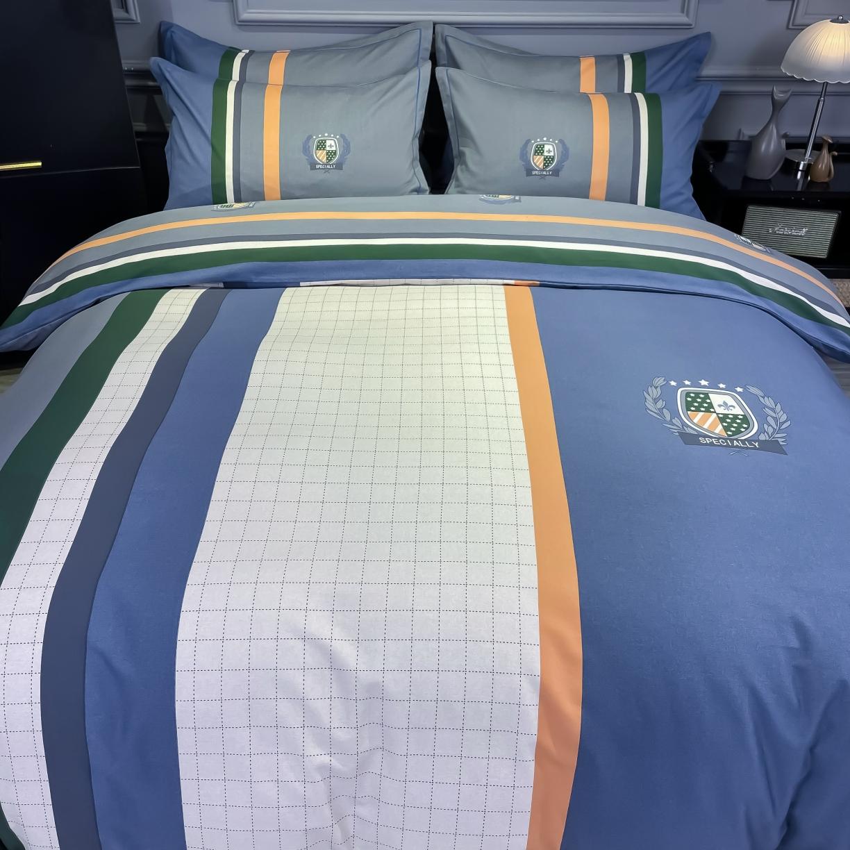 91家纺网 家纺一手货源 找家纺 金爱家 2021新款大版磨毛条格简约四件套 艾德孟兰