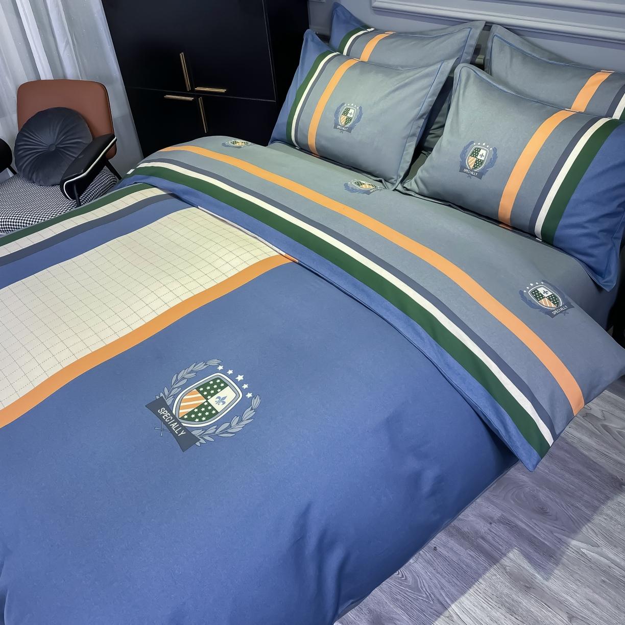 91家纺网 家纺一手货源 找家纺 金爱家 2021新款大版磨毛条格简约四件套 艾德孟兰