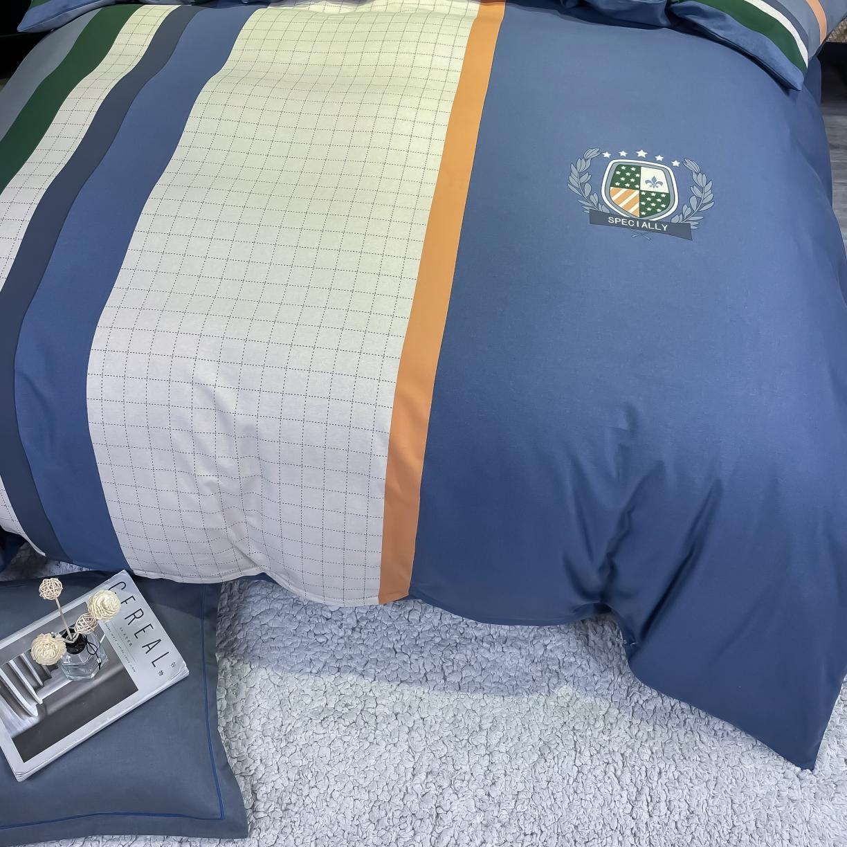 91家纺网 家纺一手货源 找家纺 金爱家 2021新款大版磨毛条格简约四件套 艾德孟兰