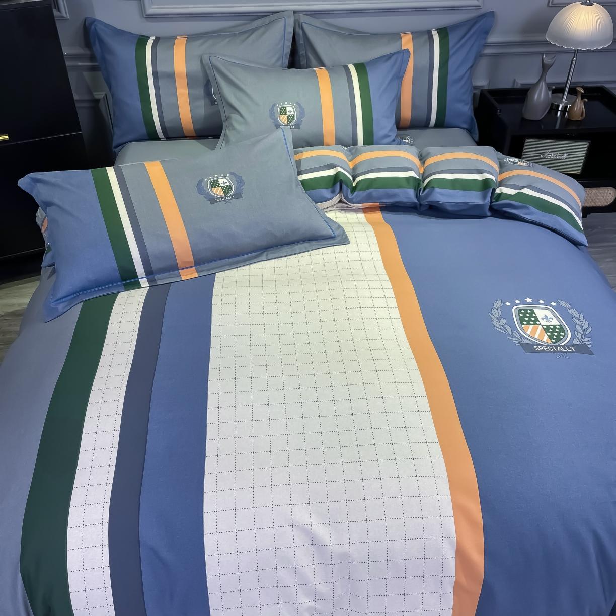 91家纺网 家纺一手货源 找家纺 金爱家 2021新款大版磨毛条格简约四件套 艾德孟兰