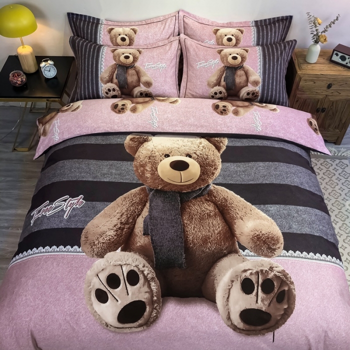 91家纺网 家纺一手货源 找家纺 金爱家 2021新款大版磨毛卡通系列四件套 抱抱熊