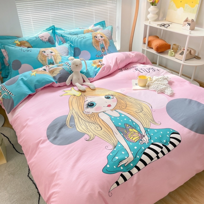 91家纺网 家纺一手货源 找家纺 金爱家 2021新款大版磨毛卡通系列四件套 蝴蝶公主