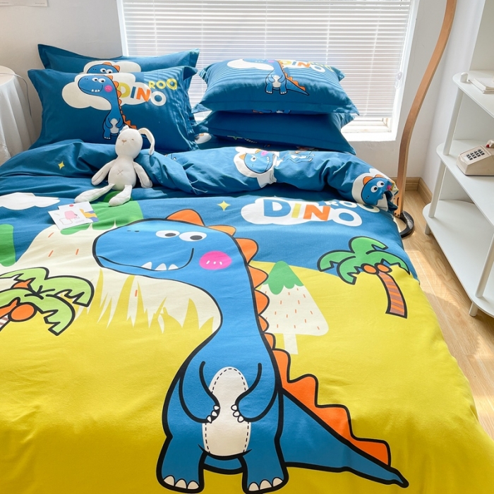 91家纺网 家纺一手货源 找家纺 金爱家 2021新款大版磨毛卡通系列四件套 恐龙森林