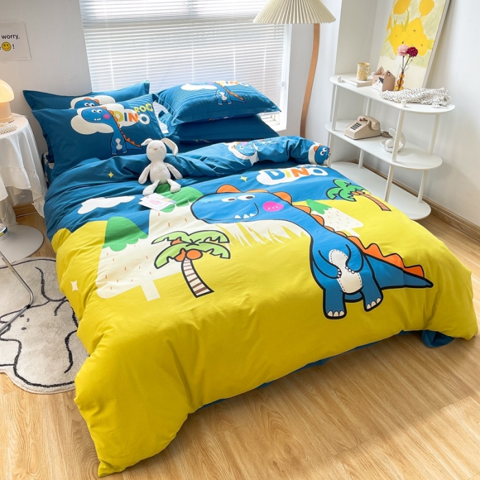 91家纺网 家纺一手货源 找家纺 金爱家 2021新款大版磨毛卡通系列四件套 恐龙森林