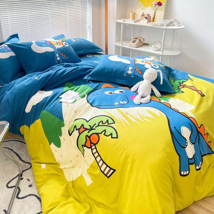 91家纺网 家纺一手货源 找家纺 金爱家 2021新款大版磨毛卡通系列四件套 恐龙森林