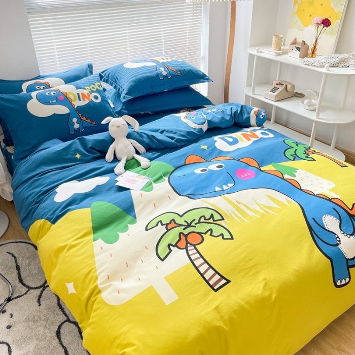 91家纺网 家纺一手货源 找家纺 金爱家 2021新款大版磨毛卡通系列四件套 恐龙森林