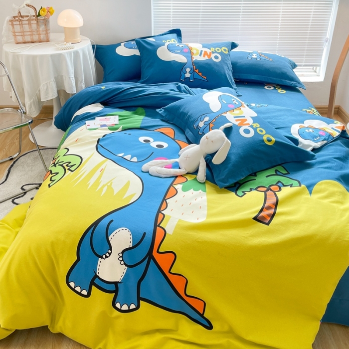 91家纺网 家纺一手货源 找家纺 金爱家 2021新款大版磨毛卡通系列四件套 恐龙森林