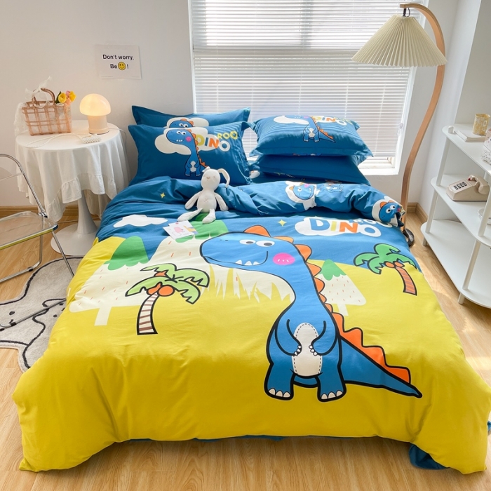 91家纺网 家纺一手货源 找家纺 金爱家 2021新款大版磨毛卡通系列四件套 恐龙森林