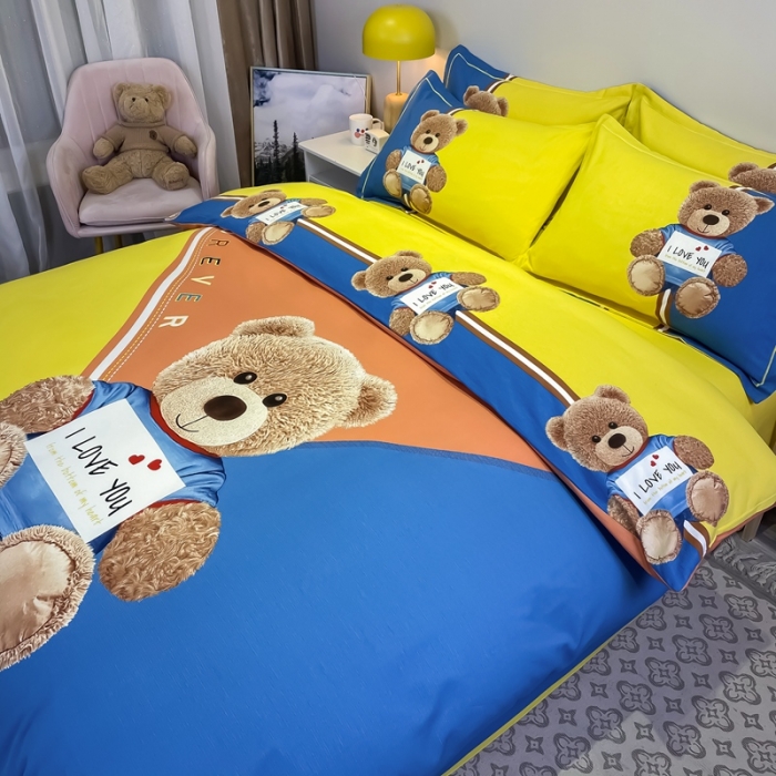 91家纺网 家纺一手货源 找家纺 金爱家 2021新款大版磨毛卡通系列四件套 快乐熊