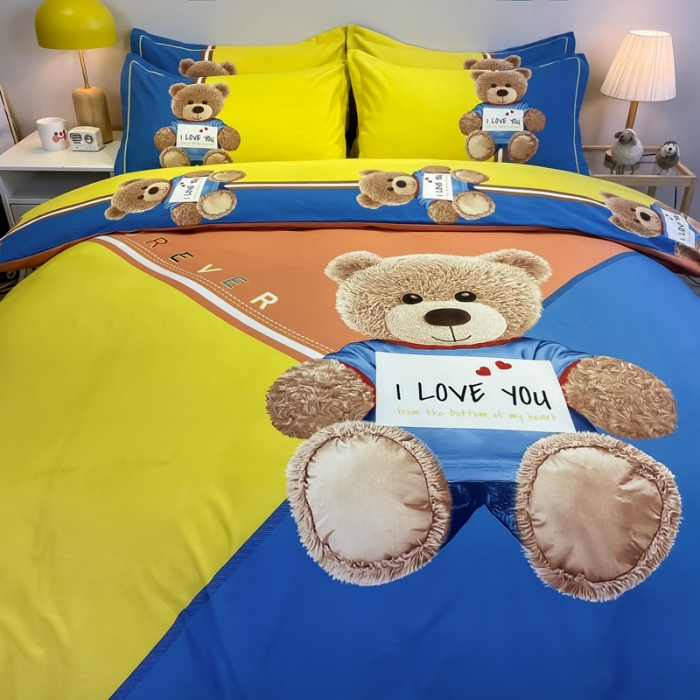 91家纺网 家纺一手货源 找家纺 金爱家 2021新款大版磨毛卡通系列四件套 快乐熊