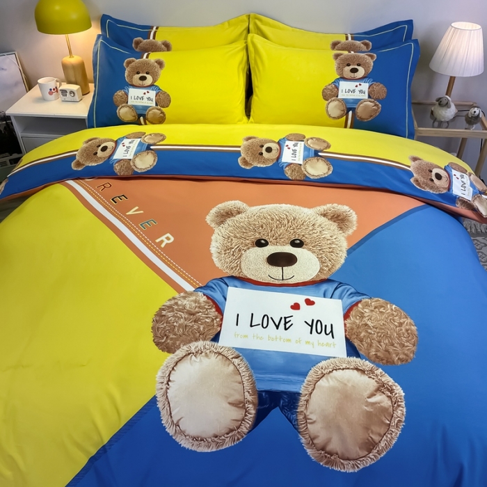 91家纺网 家纺一手货源 找家纺 金爱家 2021新款大版磨毛卡通系列四件套 快乐熊