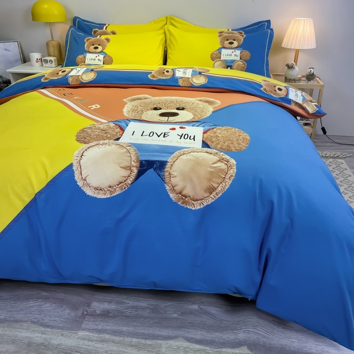 91家纺网 家纺一手货源 找家纺 金爱家 2021新款大版磨毛卡通系列四件套 快乐熊