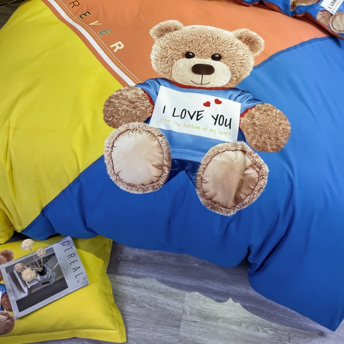 91家纺网 家纺一手货源 找家纺 金爱家 2021新款大版磨毛卡通系列四件套 快乐熊