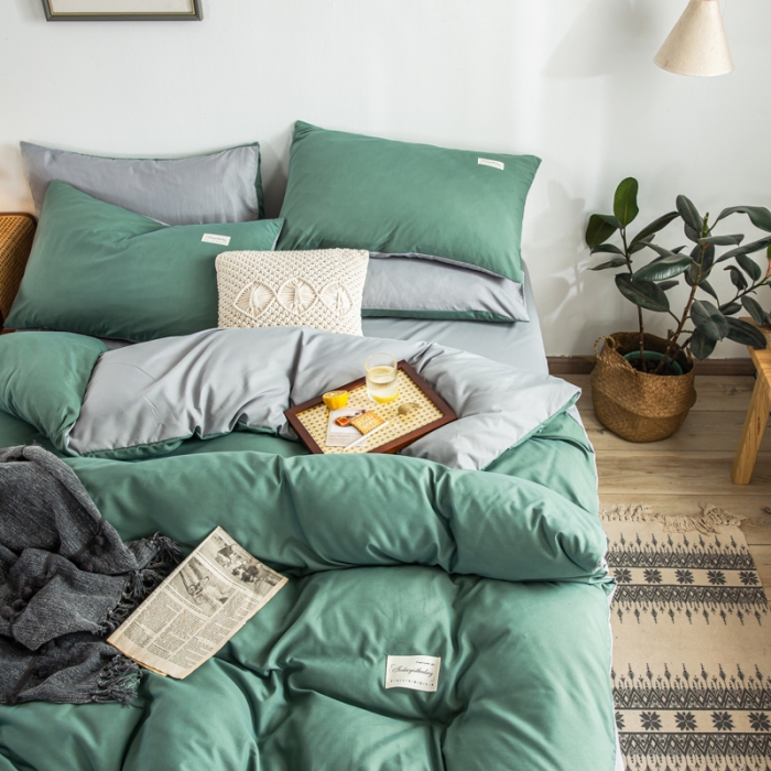 91家纺网 家纺一手货源 找家纺 漫仙阁 2022新款纯色双拼四件套 豆绿+浅灰