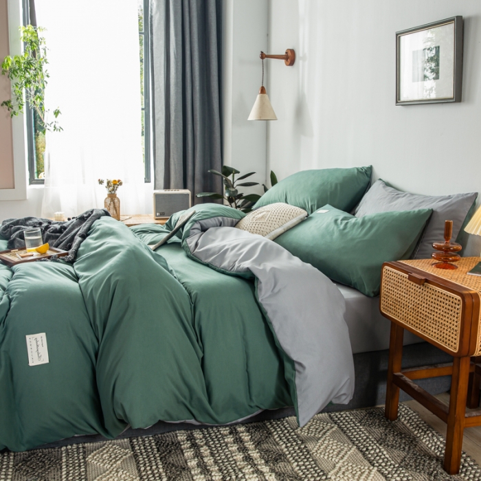91家纺网 家纺一手货源 找家纺 漫仙阁 2022新款纯色双拼四件套 豆绿+浅灰