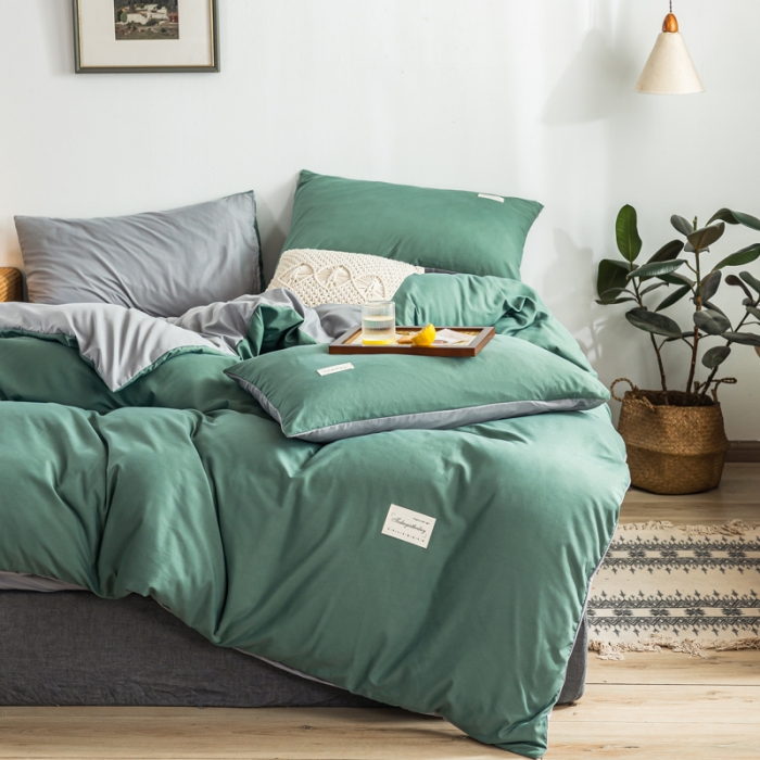 91家纺网 家纺一手货源 找家纺 漫仙阁 2022新款纯色双拼四件套 豆绿+浅灰