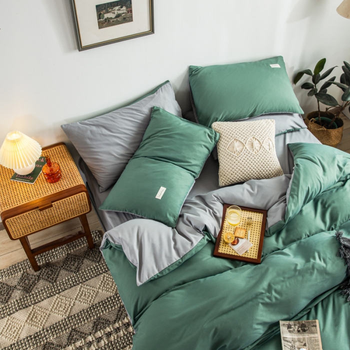 91家纺网 家纺一手货源 找家纺 漫仙阁 2022新款纯色双拼四件套 豆绿+浅灰