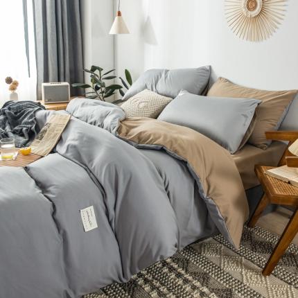 91家纺网 家纺一手货源 找家纺 漫仙阁 2022新款纯色双拼四件套 浅灰+卡其