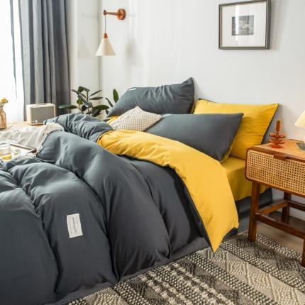 91家纺网 家纺一手货源 找家纺 漫仙阁 2024年新款纯色双拼学生三件套四件套  深灰+杏黄