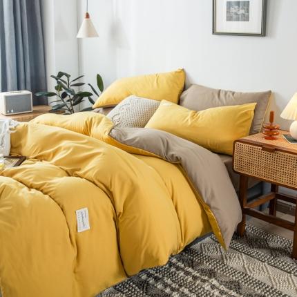 91家纺网 家纺一手货源 找家纺 漫仙阁 2022新款纯色双拼四件套 杏黄+卡其