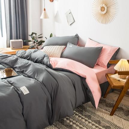 91家纺网 家纺一手货源 找家纺 漫仙阁 2022新款纯色双拼四件套 中灰+粉色