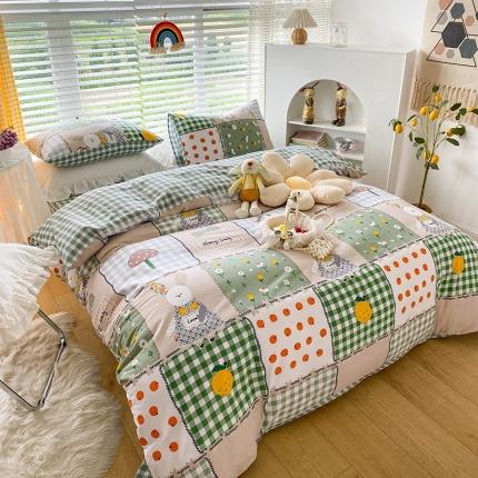 91家纺网 家纺一手货源 找家纺 珺柔2021新款13070全棉印花四件套系列六格子兔兔