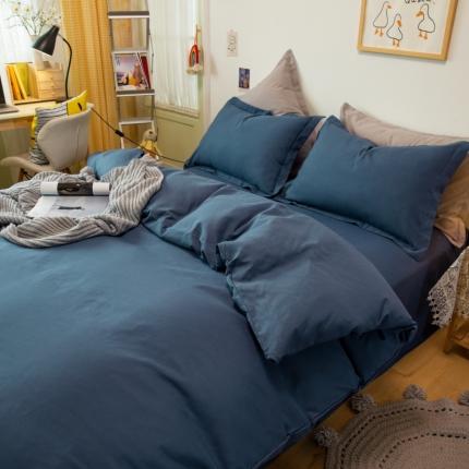 西人岛2021新款日式简约磨毛床上四件套纯色+双拼简-深蓝色
