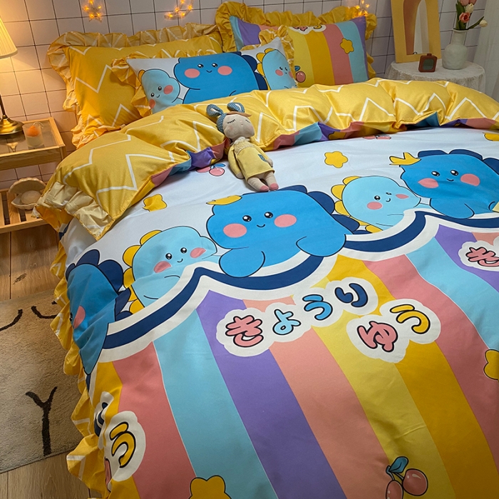 91家纺网 家纺一手货源 找家纺 艾裙海床笠 2025新款乐卡棉亲肤韩版小清新四件套彩虹熊