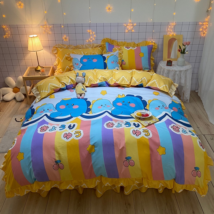 91家纺网 家纺一手货源 找家纺 艾裙海床笠 2025新款乐卡棉亲肤韩版小清新四件套彩虹熊