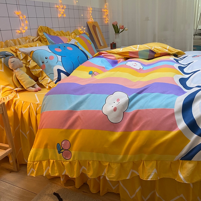 91家纺网 家纺一手货源 找家纺 艾裙海床笠 2025新款乐卡棉亲肤韩版小清新四件套彩虹熊