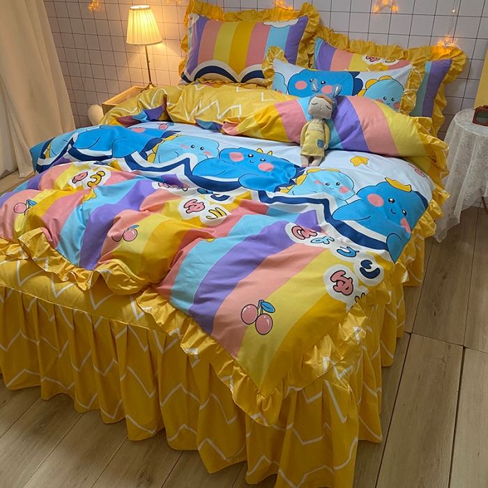 91家纺网 家纺一手货源 找家纺 艾裙海床笠 2025新款乐卡棉亲肤韩版小清新四件套彩虹熊