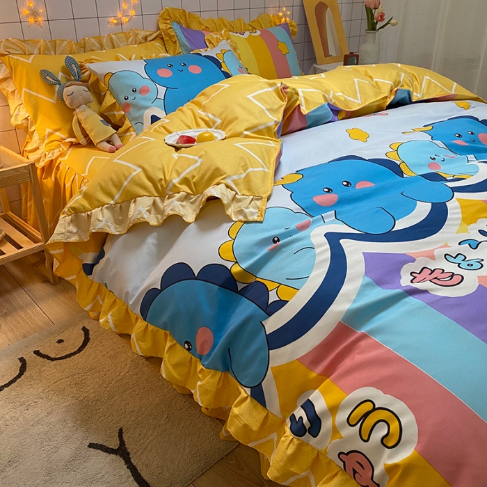 91家纺网 家纺一手货源 找家纺 艾裙海床笠 2025新款乐卡棉亲肤韩版小清新四件套彩虹熊