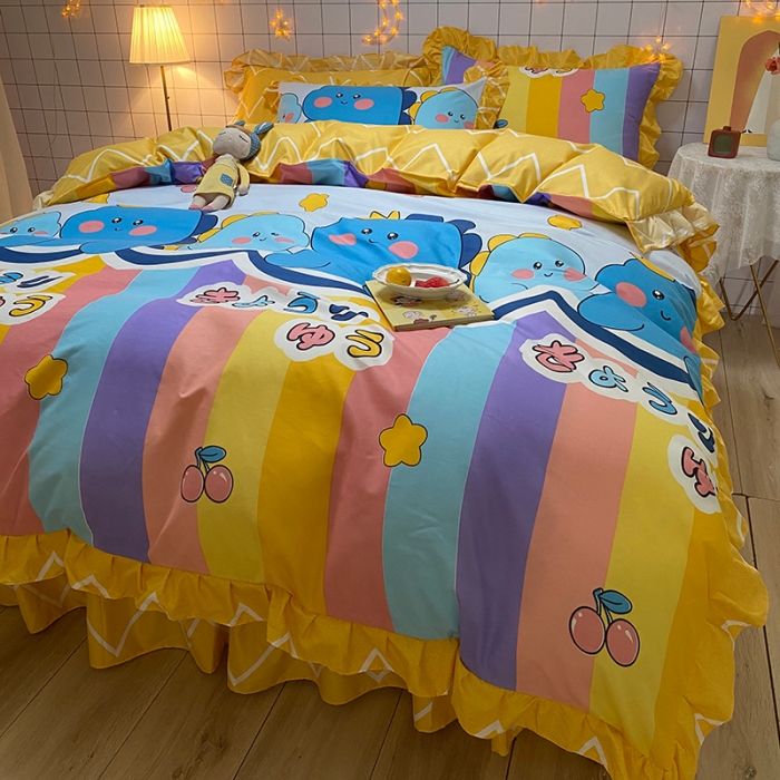 91家纺网 家纺一手货源 找家纺 艾裙海床笠 2025新款乐卡棉亲肤韩版小清新四件套彩虹熊