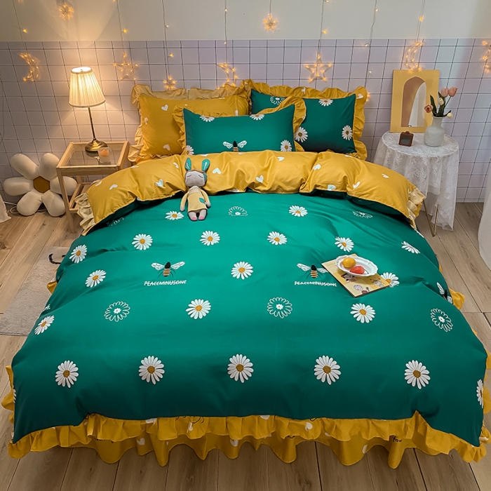 91家纺网 家纺一手货源 找家纺 艾裙海床笠 2025新款乐卡棉亲肤韩版小清新四件套雏菊之恋