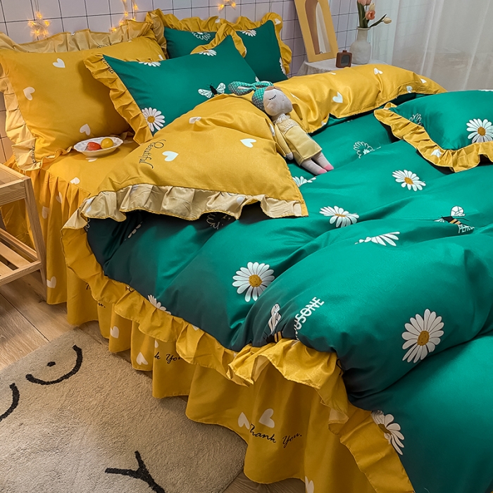 91家纺网 家纺一手货源 找家纺 艾裙海床笠 2025新款乐卡棉亲肤韩版小清新四件套雏菊之恋