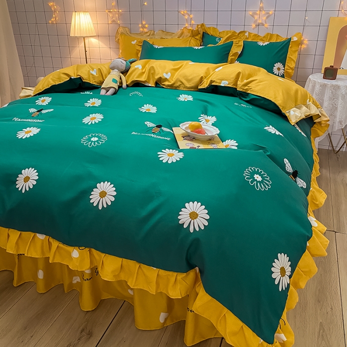 91家纺网 家纺一手货源 找家纺 艾裙海床笠 2025新款乐卡棉亲肤韩版小清新四件套雏菊之恋