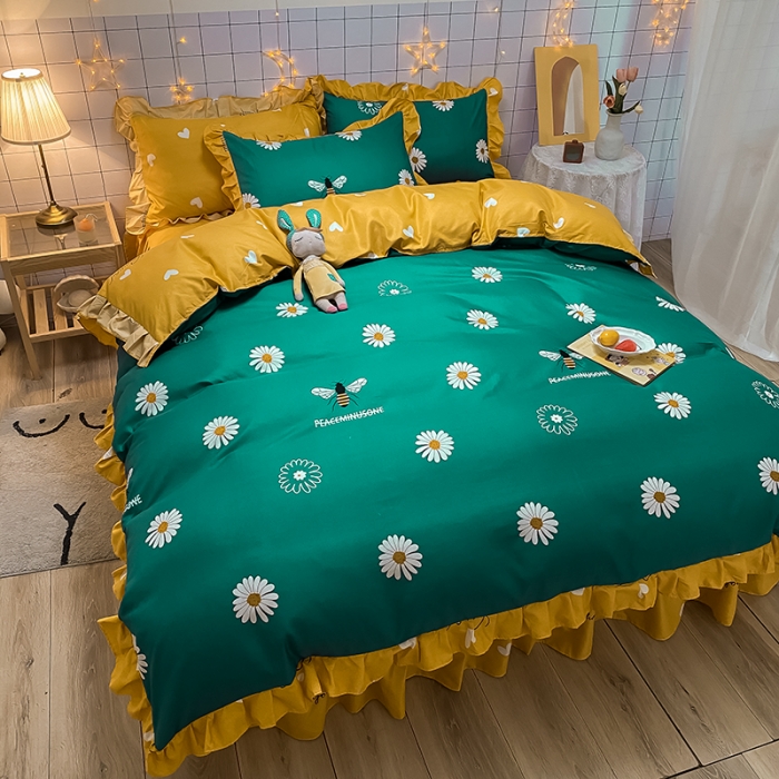 91家纺网 家纺一手货源 找家纺 艾裙海床笠 2025新款乐卡棉亲肤韩版小清新四件套雏菊之恋