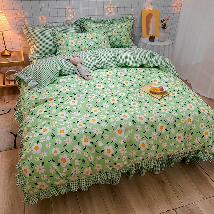 91家纺网 家纺一手货源 找家纺 艾裙海床笠 2025新款乐卡棉亲肤韩版小清新四件套春色