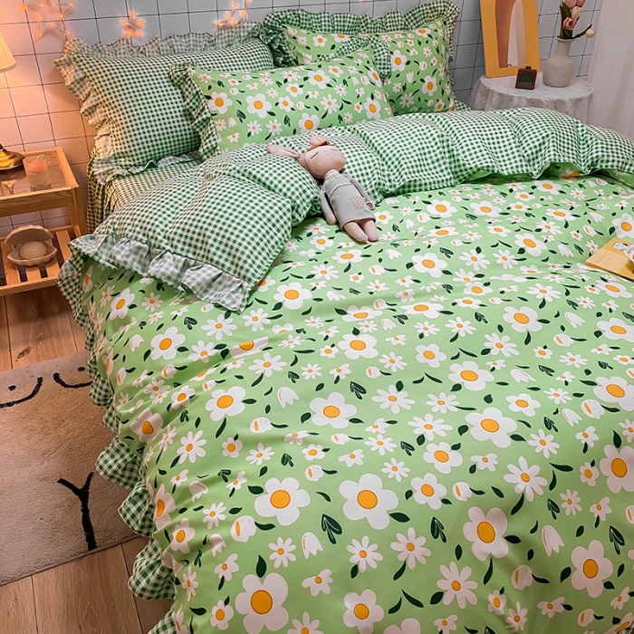 91家纺网 家纺一手货源 找家纺 艾裙海床笠 2025新款乐卡棉亲肤韩版小清新四件套春色