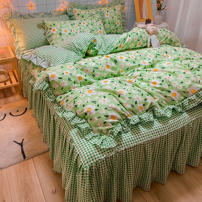 91家纺网 家纺一手货源 找家纺 艾裙海床笠 2025新款乐卡棉亲肤韩版小清新四件套春色