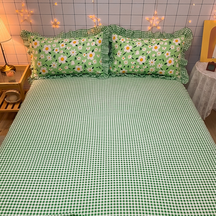 91家纺网 家纺一手货源 找家纺 艾裙海床笠 2025新款乐卡棉亲肤韩版小清新四件套春色