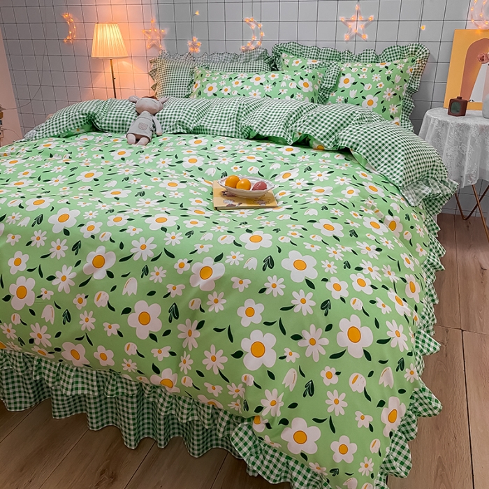 91家纺网 家纺一手货源 找家纺 艾裙海床笠 2025新款乐卡棉亲肤韩版小清新四件套春色