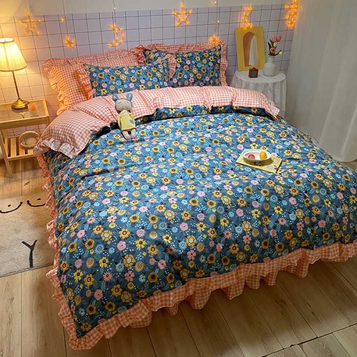 91家纺网 家纺一手货源 找家纺 艾裙海床笠 2025新款乐卡棉亲肤韩版小清新四件套繁星点点