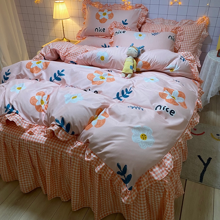 91家纺网 家纺一手货源 找家纺 艾裙海床笠 2025新款乐卡棉亲肤韩版小清新四件套妙恋粉